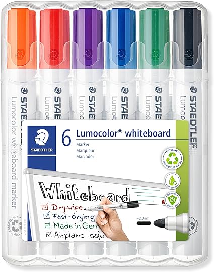 STAEDTLER 351 WP6 Lumocolor Whiteboard Marker Bullet Tip - Assorted Colours (Pack of 6)