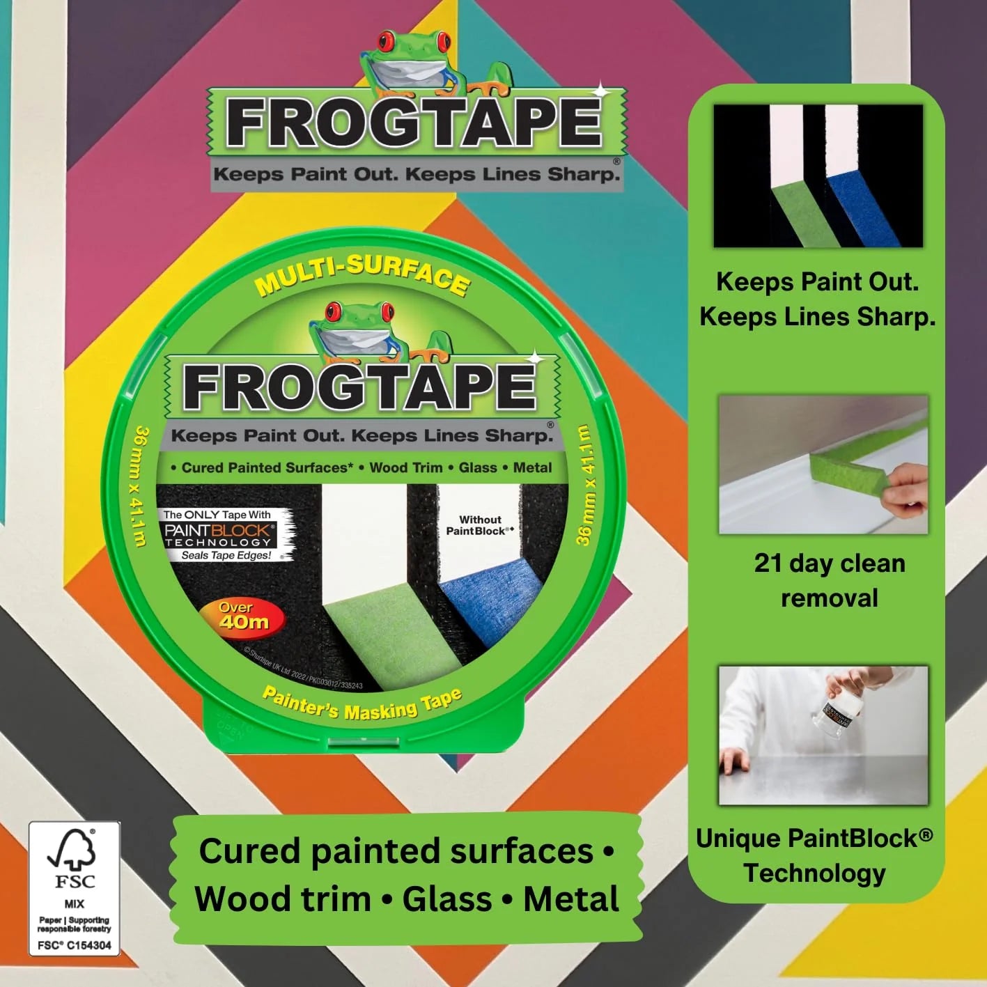 Frog Tape Green Multi Surface Painters Masking Tape, Indoor Painting and Decorating For Sharp Lines and No Paint Bleed 36mm X 41.1m