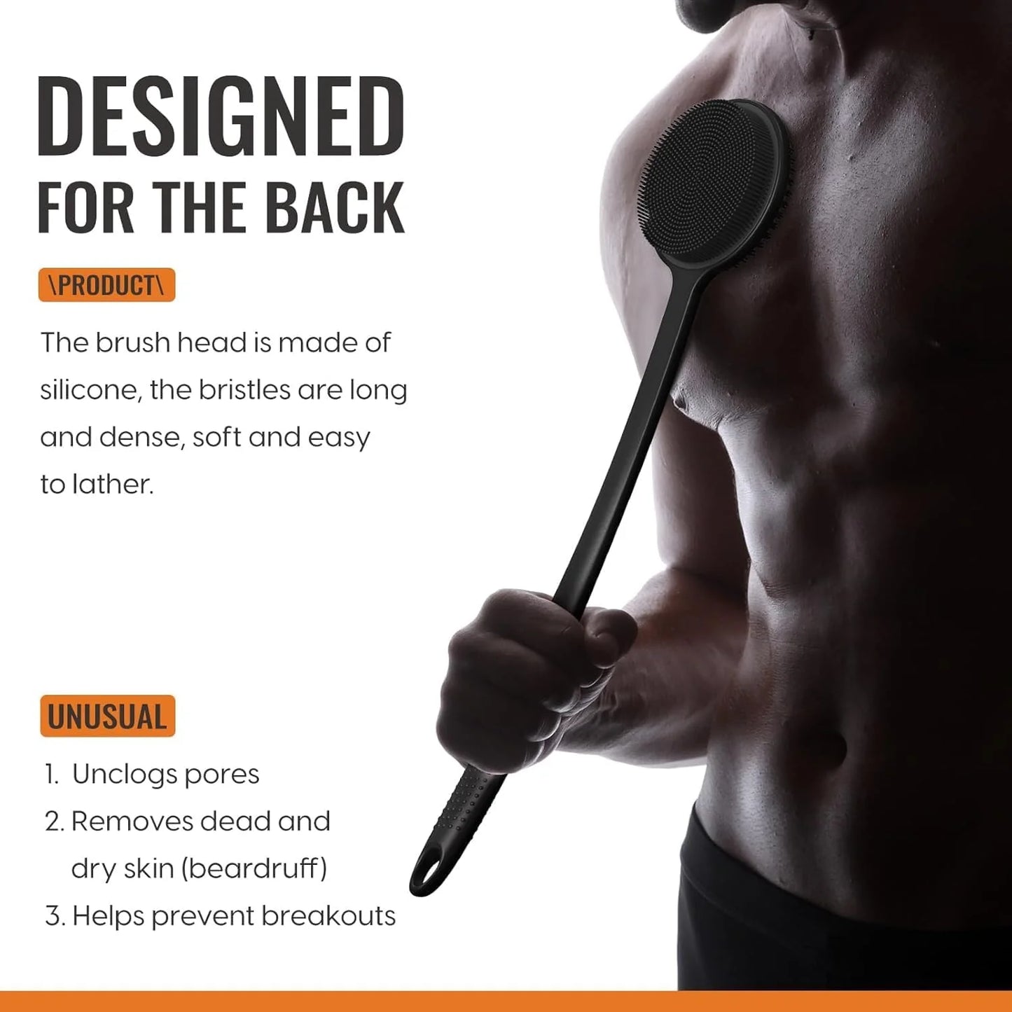 Silicone Body Scrubber with Long Handle, Double-Sided Shower Brush for Exfoliating and Massage