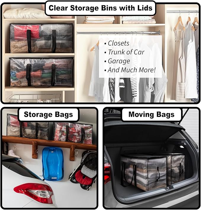 ClearSpace Large Moving and Storage Bags, 6-Pack Heavy-Duty Oversized Packing Bags with Backpack Straps, Zippers, and Handles