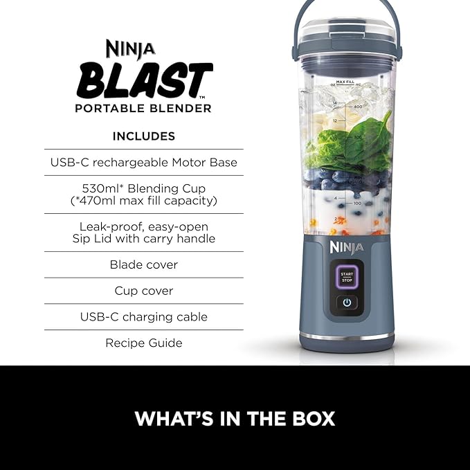 Ninja Blast Portable Blender, 530ml, Cordless Mini Blender with Leakproof Lid and Sip Spout, Denim Blue, BC151UKNV