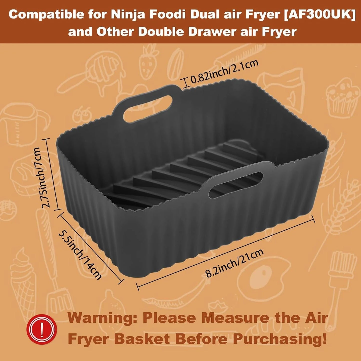 2-Pack Silicone Air Fryer Liners for Ninja Foodi AF300UK, Reusable Dual Basket Liners, 7.6L Accessories for Dual Zone Air Fryer