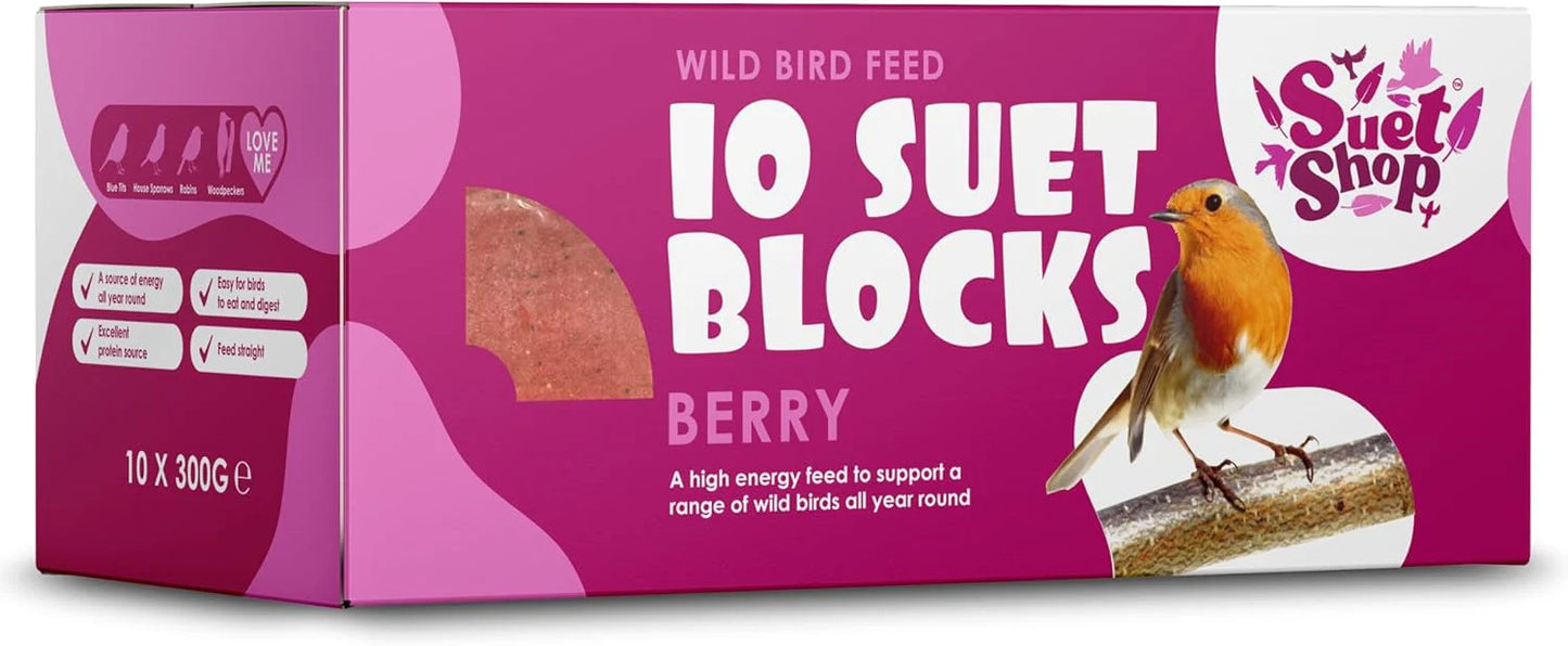 Suet Shop Berry Flavoured Suet Blocks for Wild Birds, 300g Pack of 10, High-Energy Bird Feed, Human-Grade Beef Tallow, All-Season, Made in UK