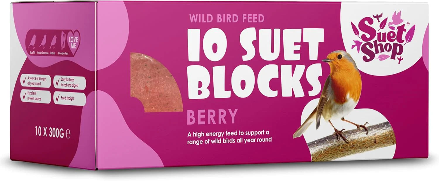 Suet Shop Berry Flavoured Suet Blocks for Wild Birds, 300g Pack of 10, High-Energy Bird Feed, Human-Grade Beef Tallow, All-Season, Made in UK