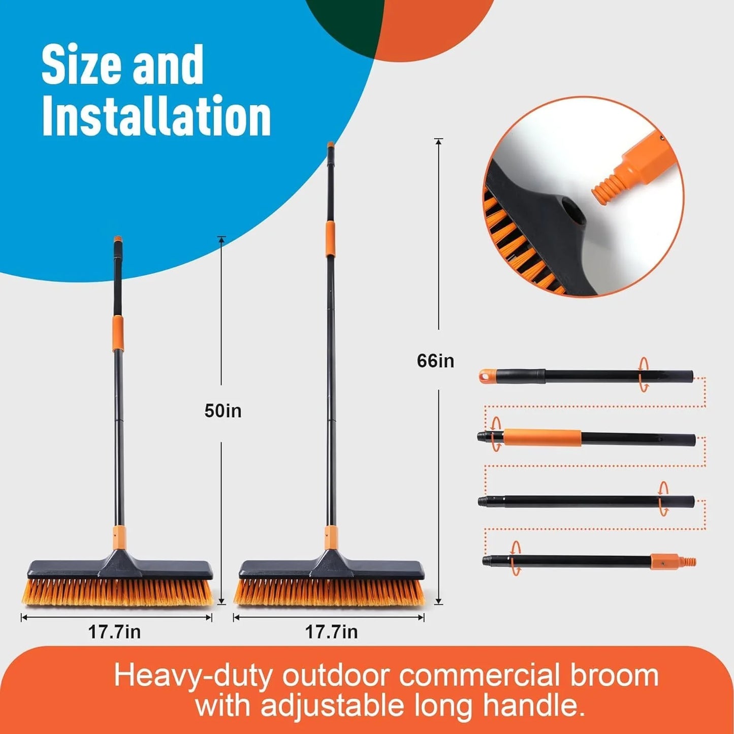 Garden Broom, Yard Brush Heavy Duty Outdoor 2-1, 50&66in, suitable for Schools, Factories, Garden Broom Outdoor,Sweeping Brush (17.7in)