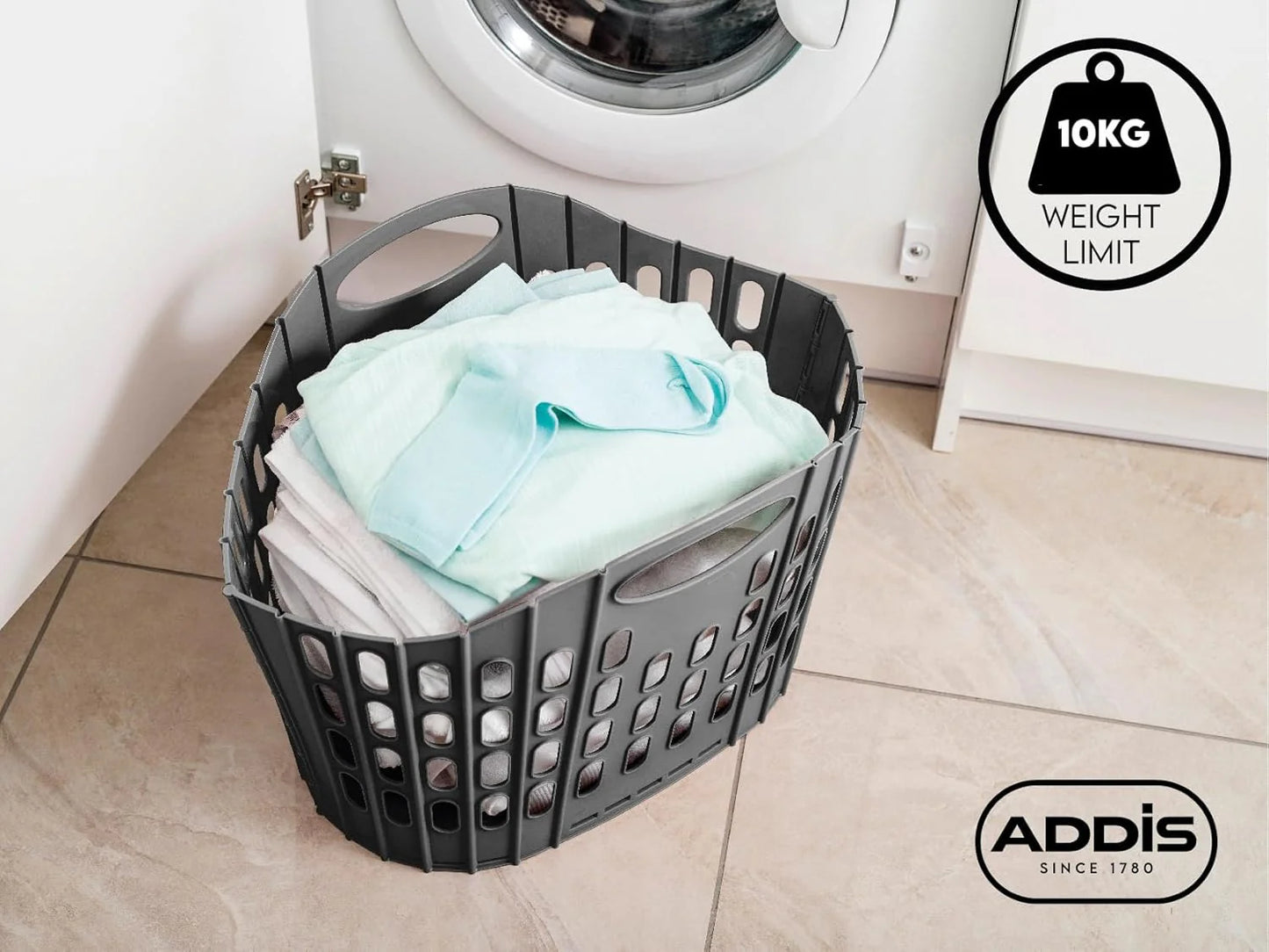 Addis Flat Easy Store Laundry Basket Hamper, Dark Grey, 38 Litre