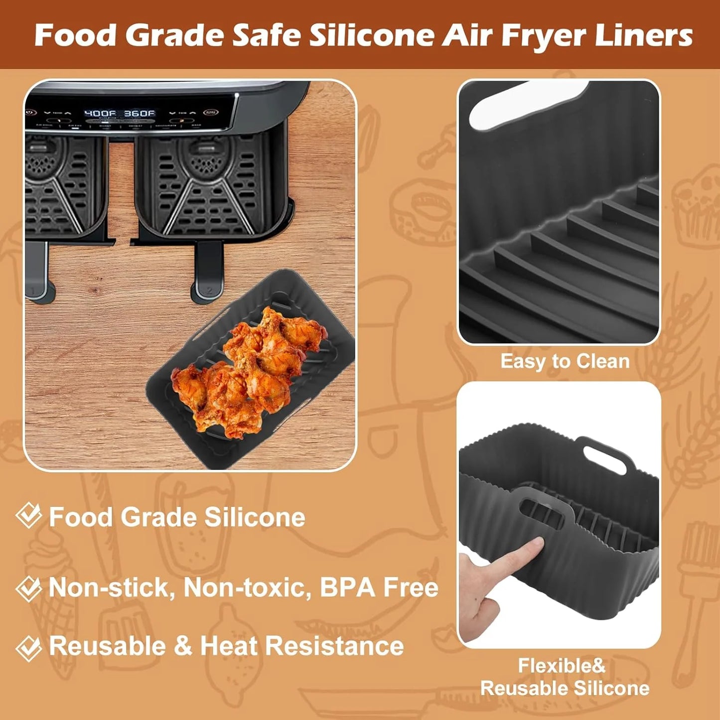 2-Pack Silicone Air Fryer Liners for Ninja Foodi AF300UK, Reusable Dual Basket Liners, 7.6L Accessories for Dual Zone Air Fryer