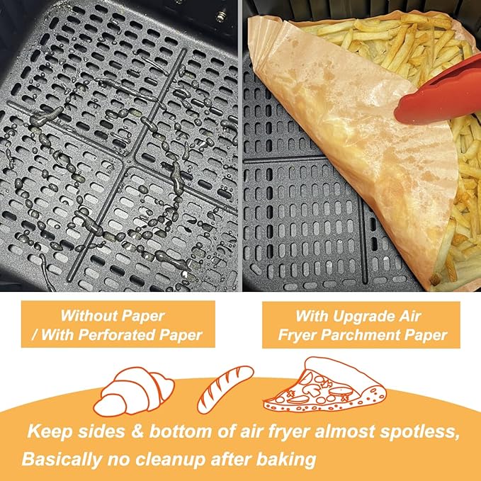 BYKITCHEN 50-Pack Square Air Fryer Parchment Paper Liners, Disposable, Greaseproof, Unbleached