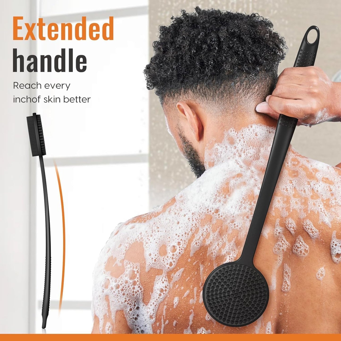 Silicone Body Scrubber with Long Handle, Double-Sided Shower Brush for Exfoliating and Massage
