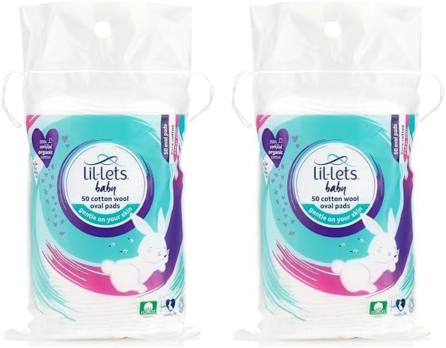 "Lil-Lets Baby Cotton Wool Oval Pads, 50 Pack, 100% Pure Organic Cotton, Dermatologically Tested, Soft and Absorbent for Newborns"