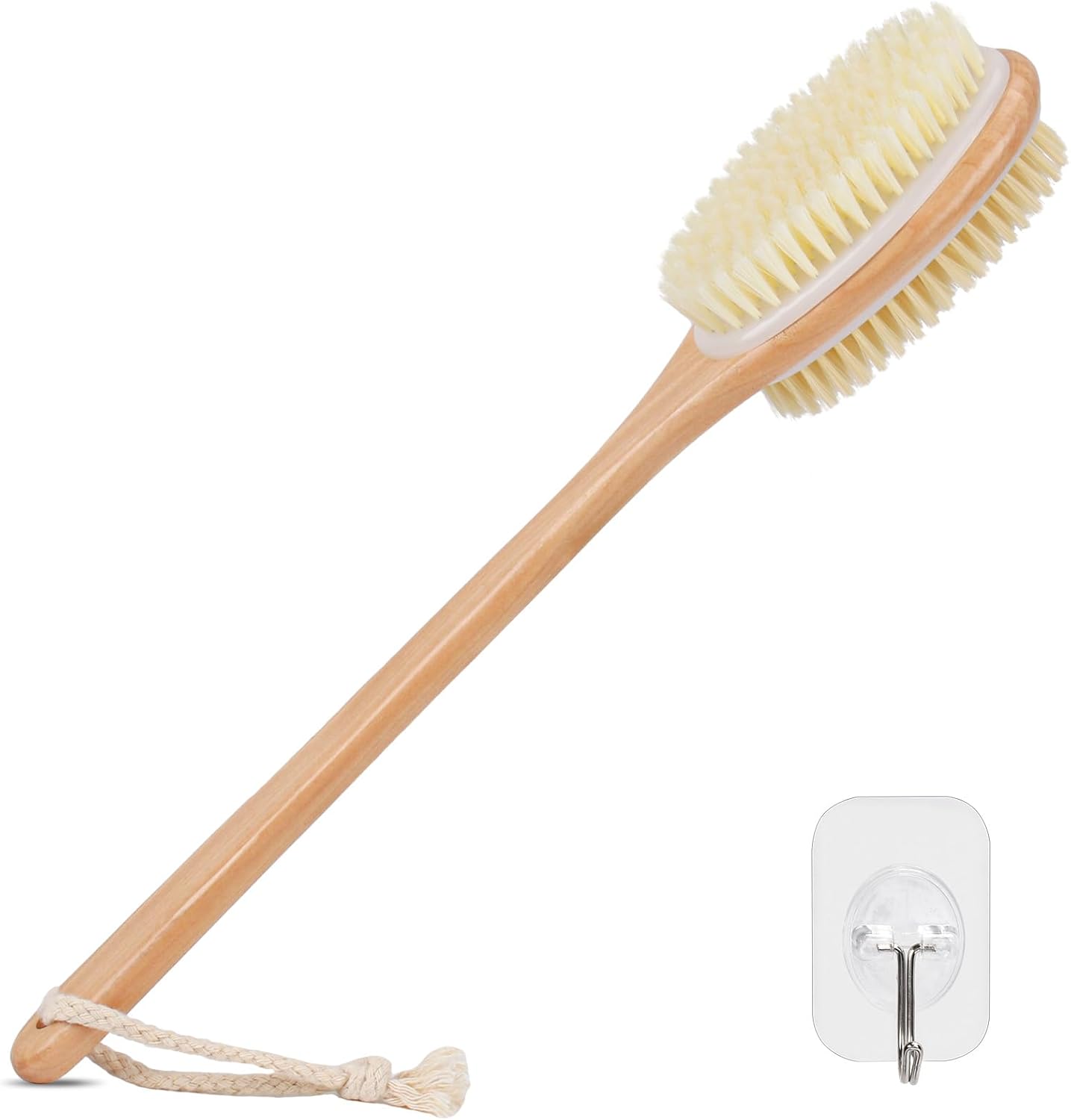 Alyvisun Wooden Back Scrubber with Long Handle, Dual-Sided Bath Brush with Stiff and Soft Bristles