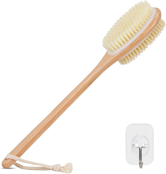 Alyvisun Wooden Back Scrubber with Long Handle, Dual-Sided Bath Brush with Stiff and Soft Bristles