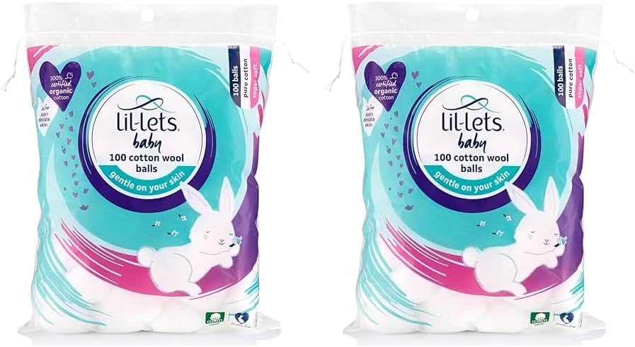 "Lil-Lets Baby Cotton Wool Oval Pads, 50 Pack, 100% Pure Organic Cotton, Dermatologically Tested, Soft and Absorbent for Newborns"