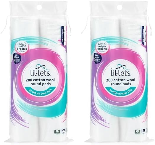 Lil-Lets Cotton Wool Round Pads, 200 Count, Certified Organic, 100% Pure Cotton Wool, Soft and Absorbent, Gentle on Skin, Dermatologically Tested, Bulk Pack
