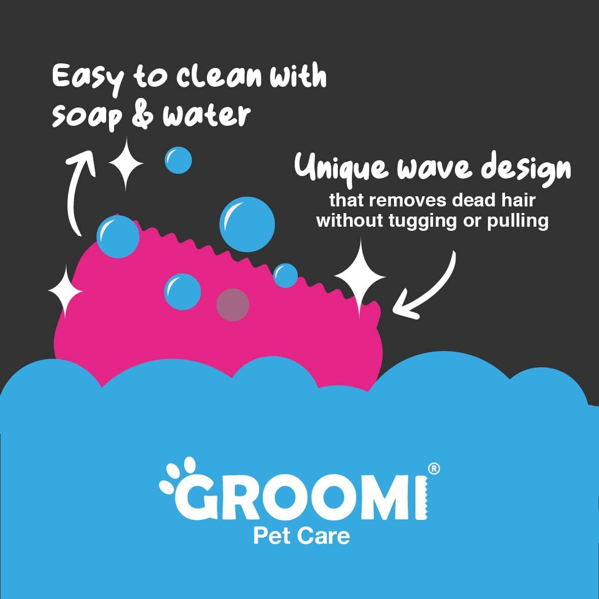 Groomi Deshedding & Grooming Brush for Dogs, Cats, Horses & Rabbits - Gentle & Effective Pet Grooming Tool, Wide Shallow Comb, Smooth Groomer for Cats, Dogs and Horses, Grooming Comb - Pink