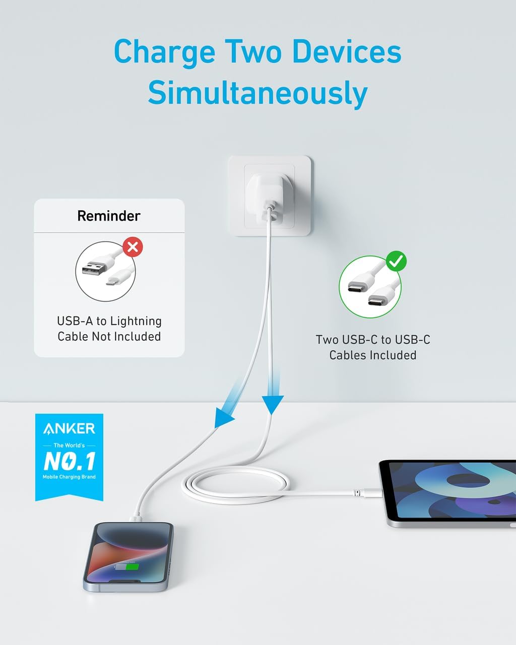 Anker USB C Plug, 2-Pack 20W Dual Port USB Fast Charger Plug, Charger for iPhone 17/16/ 15/15 Pro/15 Pro Max, iPad, AirPods, and More (2-Pack 5 ft Cables Included)