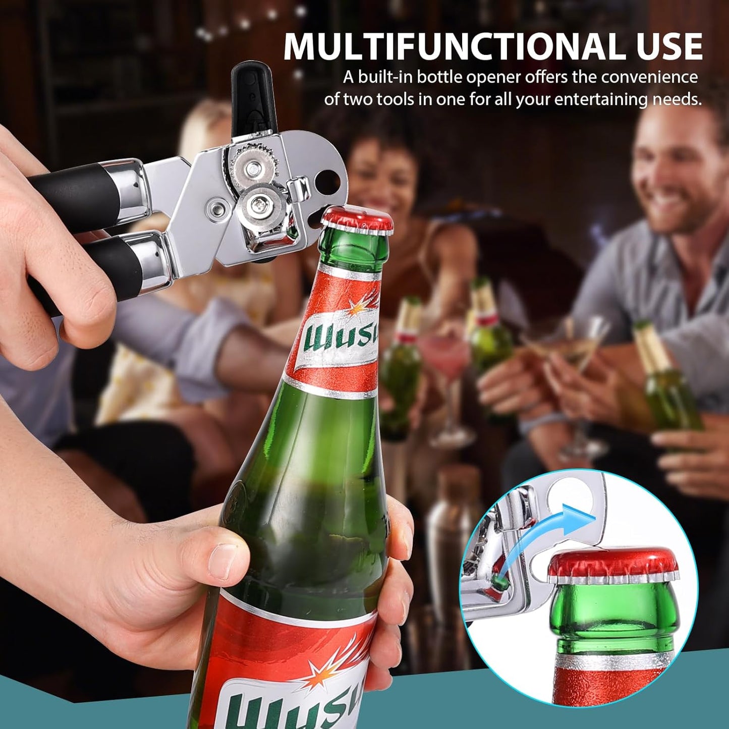 Tin Opener, Lychico 3-in-1Can Opener Handheld Heavy Duty Stainless Steel Can Openers with Multifunctional Bottle Opener, Black