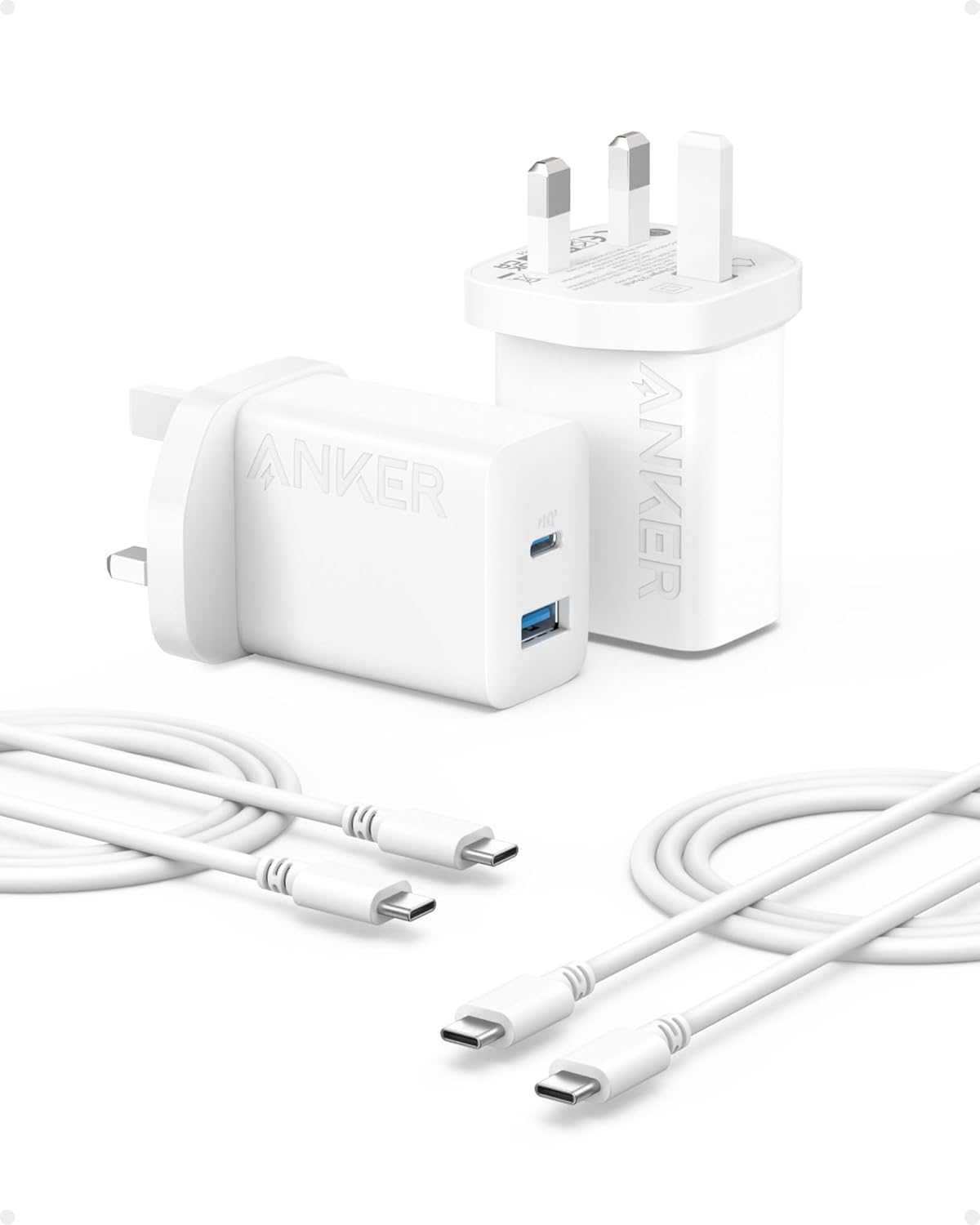 Anker USB C Plug, 2-Pack 20W Dual Port USB Fast Charger Plug, Charger for iPhone 17/16/ 15/15 Pro/15 Pro Max, iPad, AirPods, and More (2-Pack 5 ft Cables Included)