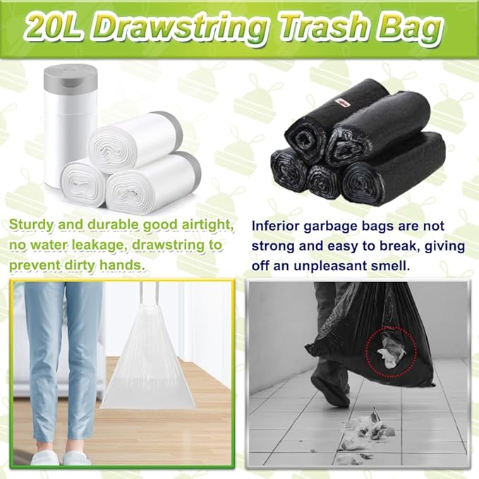 Bin Bags 20L with Drawstring Tie Handle,AOSULI White Bin Liners/Strong Trash Bags