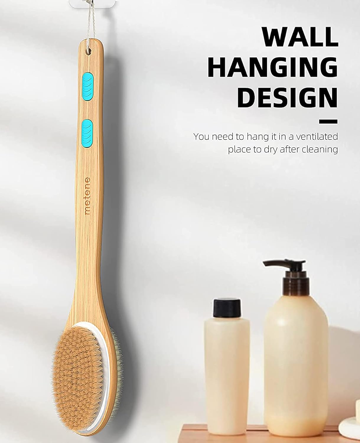 Metene Back Scrubber for Shower, Shower Brush for Exfoliating Skin and A Soft Scrub, Double-sided Body Brush Head for Wet or Dry Brushing, Long Wooden Handle Cleans the Body Easily