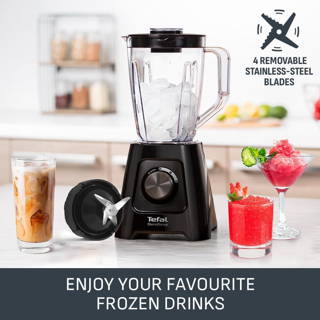 Tefal Blendforce II Blender, 2L Plastic Jug, 1.25L Effective Capacity, 600W, 4 Removable Stainless Steel Blades, Smoothie, Ice Crush, 2 Speeds + Pulse, Kitchen Shakes Maker, Black, BL420840