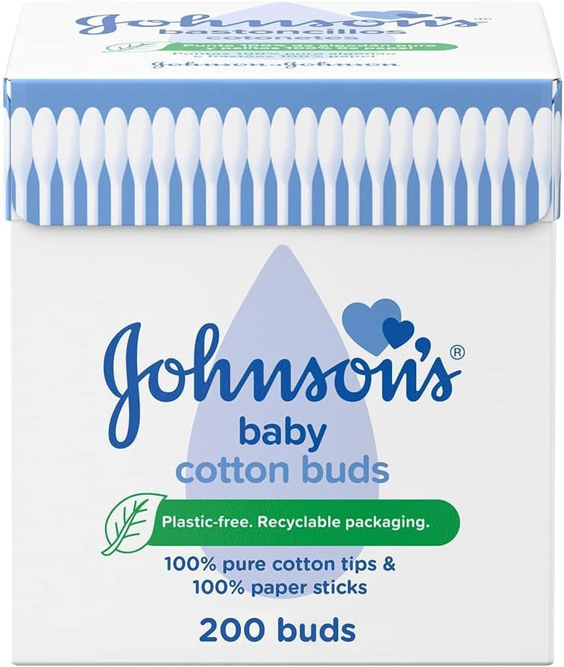 "Johnson's Baby Cotton Buds, 200 Pack – 100% Pure Cotton with Paper Sticks, Plastic-Free, for Cleaning Delicate Areas"