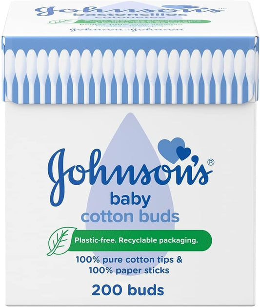 "Johnson's Baby Cotton Buds, 200 Pack – 100% Pure Cotton with Paper Sticks, Plastic-Free, for Cleaning Delicate Areas"
