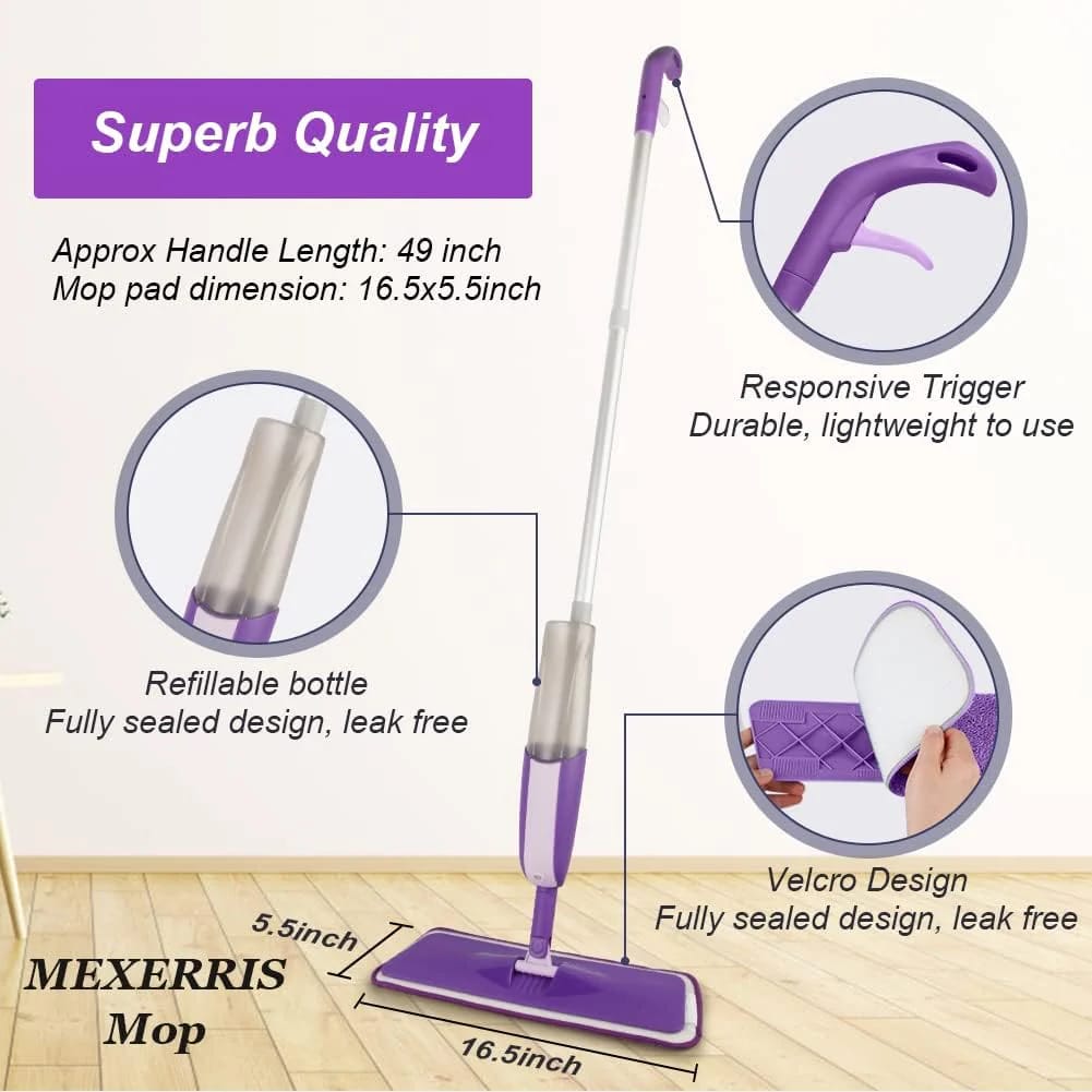 MEXERRIS Microfibre Spray Mop for Floor Cleaning Wet Dry Kitchen Floor Cleaning Mop with 2x Refillable Bottles 360°Rotatable Hardwood Mop for Laminate Wood Tiles 3x Reusable Pads and 1 Scrubber