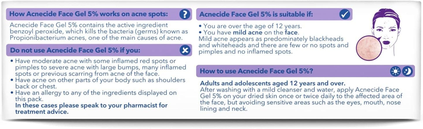 Acnecide Face Gel 5% Benzoyl Peroxide Acne Treatment for Spot Prone Skin 15g