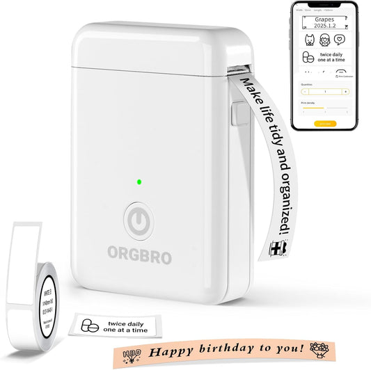 ORGBRO X1 Label Maker Machine with Tape Thermal Portable Bluetooth Label Printer for Smartphones Mini Handheld Sticker Maker with Multiple Templates for School Office Home Kitchen Organization, White