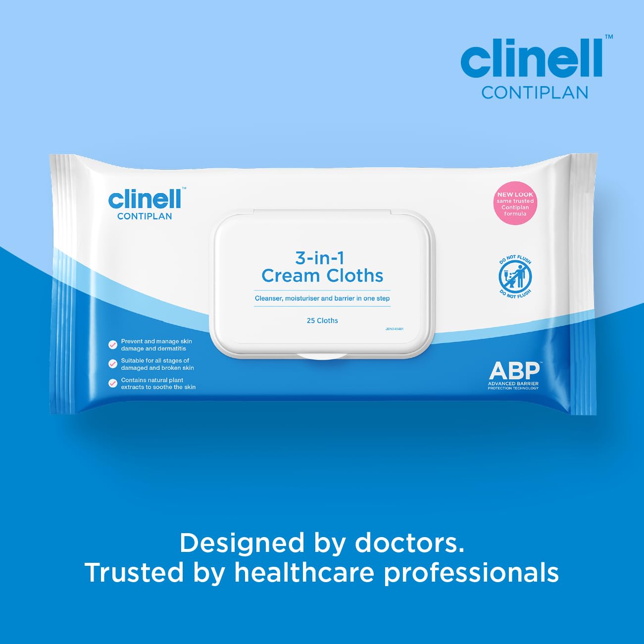 Clinell CONTIPLAN Incontinence Cleansing Cloths with Barrier Cream - All in One Cleansing Wipes Cleanses, Soothes and Moisturises - Pack of 25 Cloths