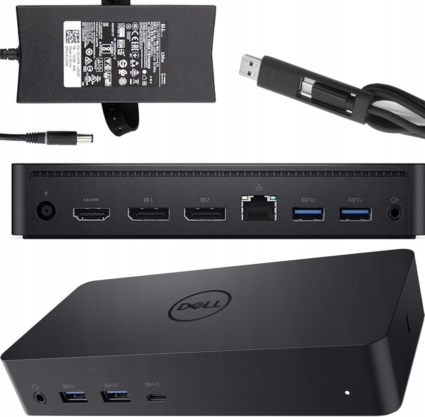 Dell D6000 USB-C Triple Docking Station, Up to Three 4K Displays, UHD 5K, USB 3.0, Gigabit Ethernet, 130-Watt AC Adapter, Charges Laptop Up to 65W