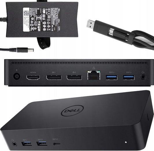 Dell D6000 USB-C Triple Docking Station, Up to Three 4K Displays, UHD 5K, USB 3.0, Gigabit Ethernet, 130-Watt AC Adapter, Charges Laptop Up to 65W