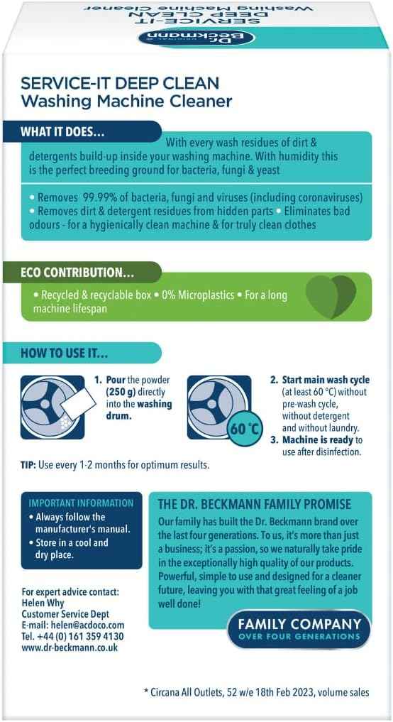 "Dr. Beckmann Service-it Deep Clean Washing Machine Cleaner | Removes 99,99 % of bacteria and fungi and viruses | eliminates bad odours | 250 g"