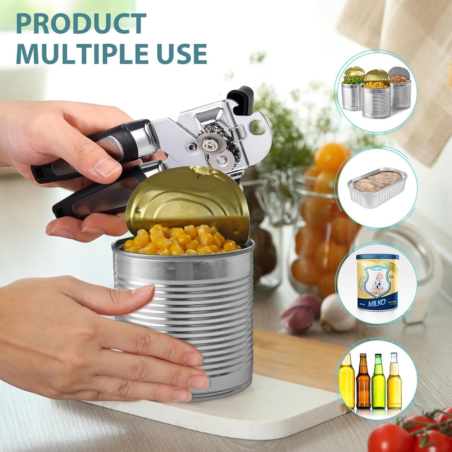 Tin Opener, Lychico 3-in-1Can Opener Handheld Heavy Duty Stainless Steel Can Openers with Multifunctional Bottle Opener, Black