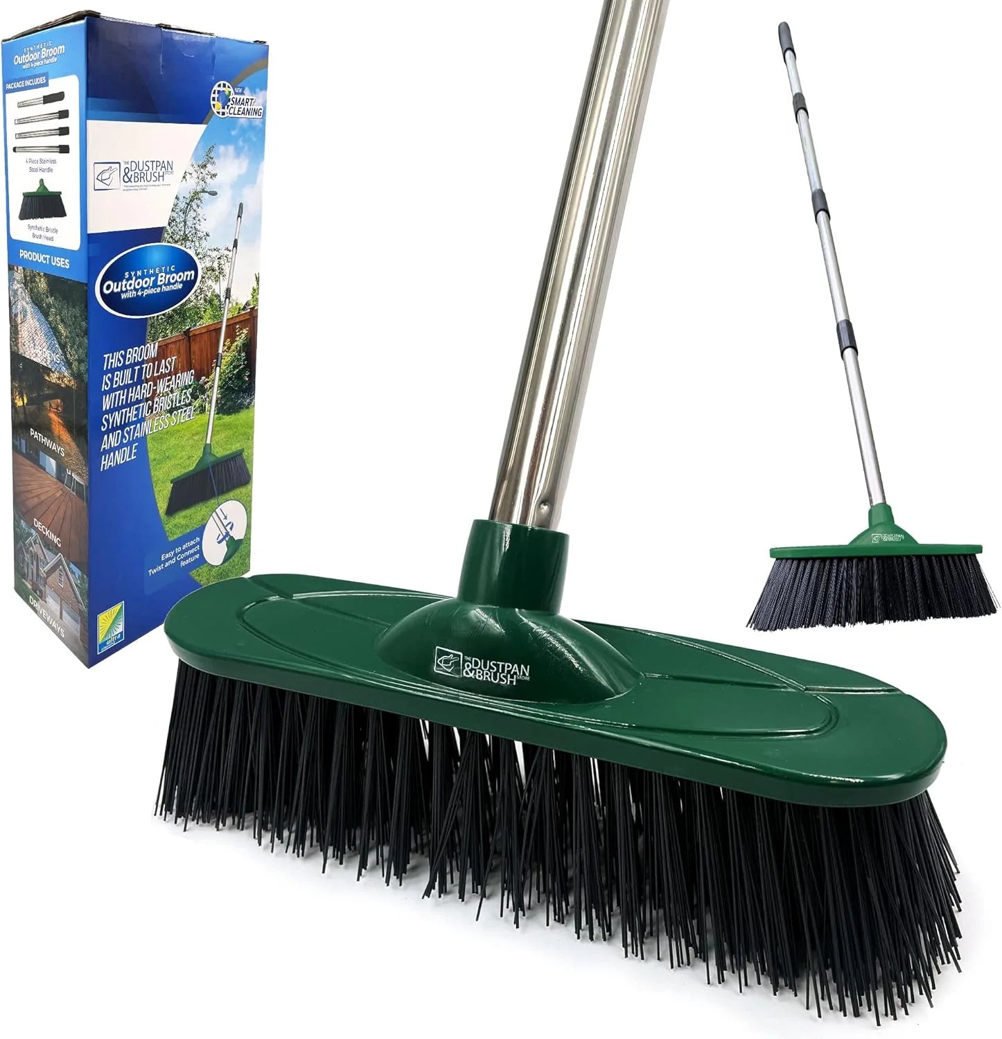 Yard Broom Outdoor Heavy Duty, 10” Garden Broom Synthetic Hard Bristle Brush Head with Strong Handle, Stiff Sweeping Brush Outdoor