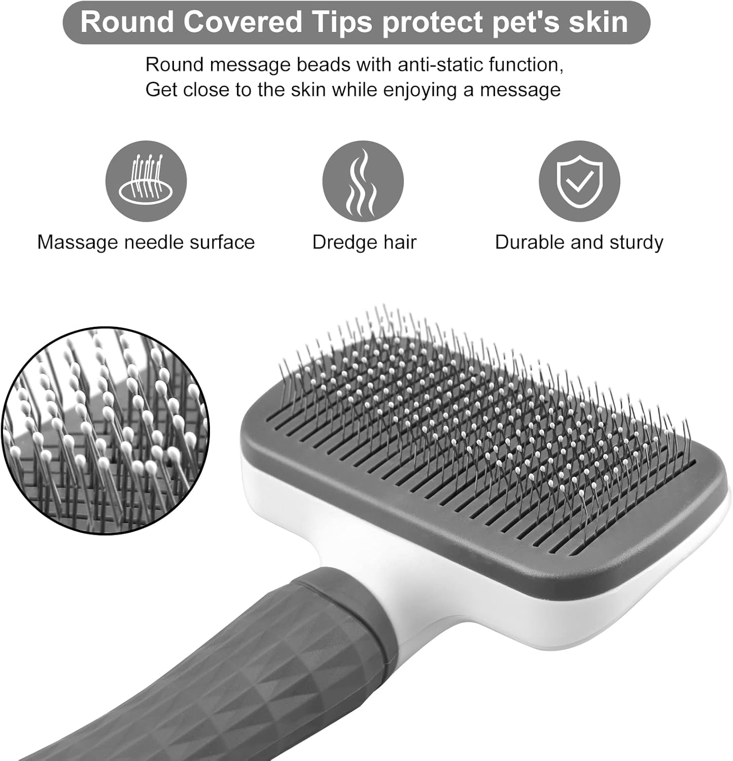 Dog Brush Cat Grooming Comb,Self Cleaning Pet Slicker Brushes with Smooth handle,Dog Grooming Tool with Button for Pet Shedding Brush Cat Massage Clean Tangled(Grey)