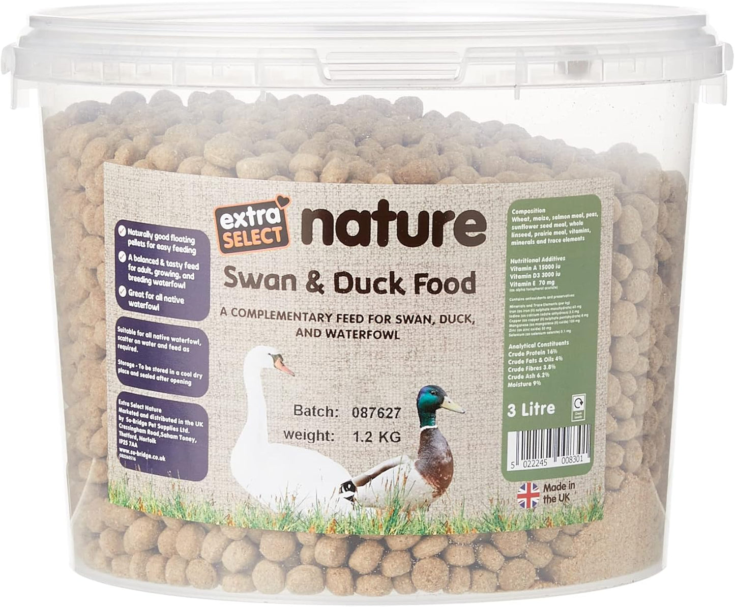 Extra Select Premium Swan and Duck Food Floating Pellets - Nutritious and Healthy Feed for Wild Geese, Ducklings and Waterfowl - Resealable Bucket 3 Ltr
