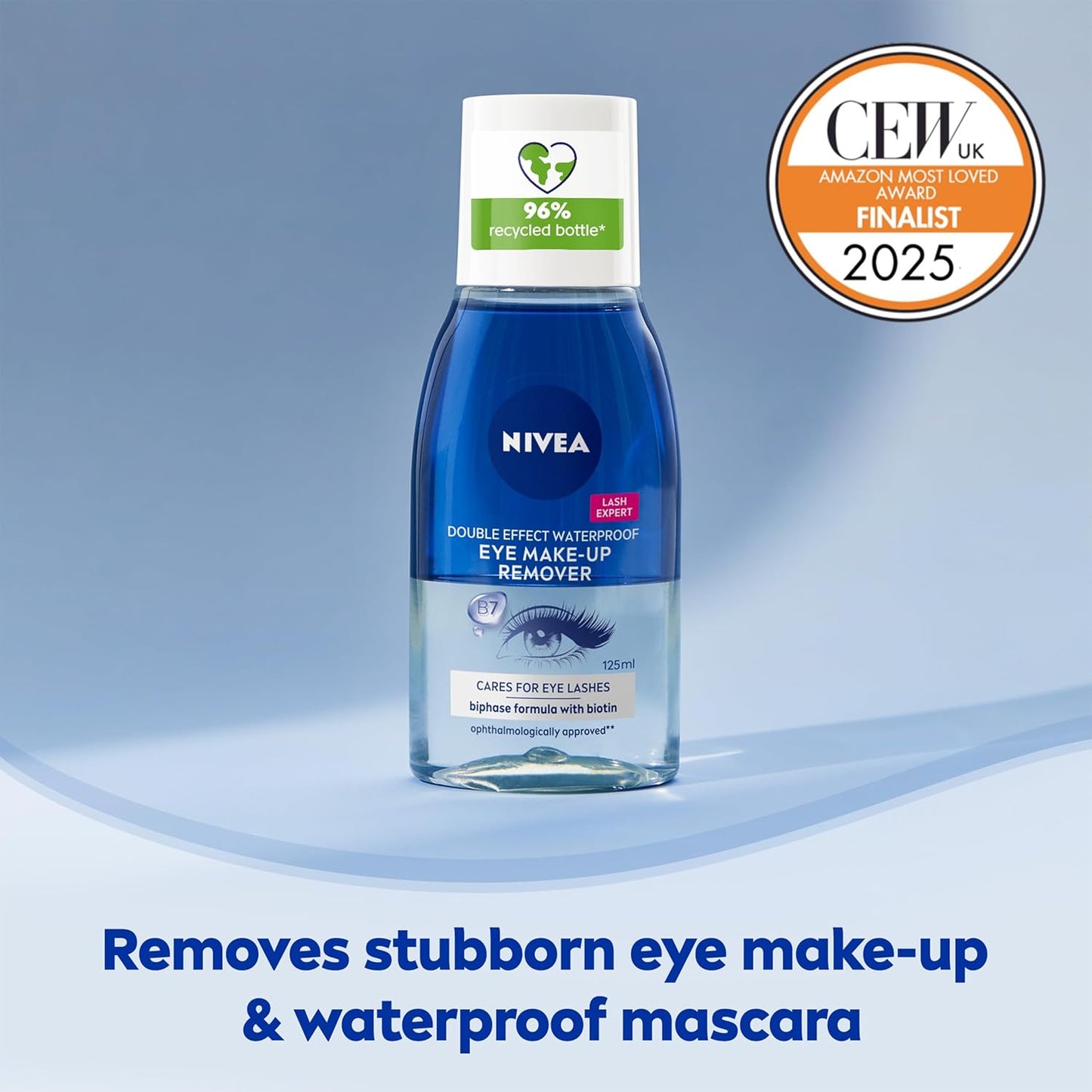 NIVEA Double Effect Waterproof Eye Make-Up Remover (125ml), Daily Use Face Cleanser for Make-Up and Mascara with Cornflower Extract and Biotin