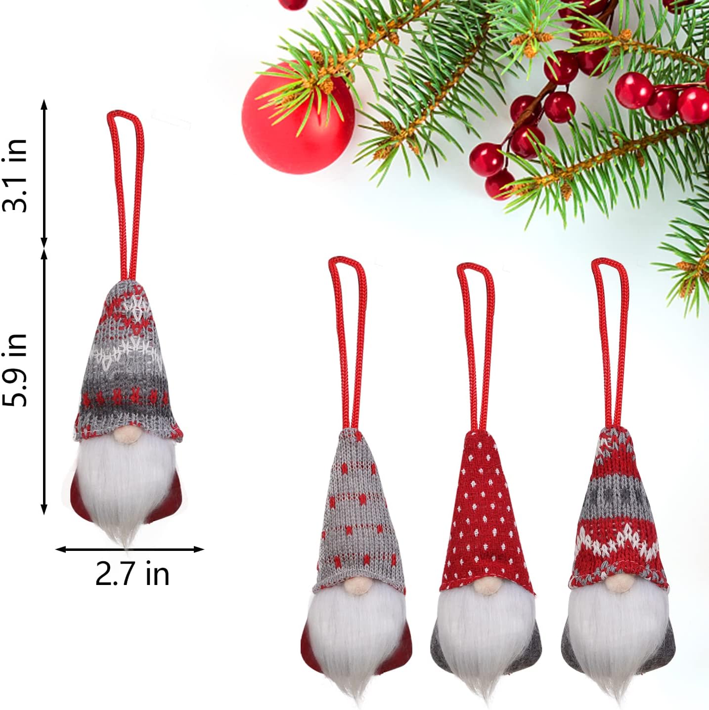 Set of 8 Christmas Gnome Hanging Ornaments, Handmade Swedish Plush Santa and Elf Decorations for Xmas Tree