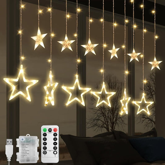 Jsdoin Christmas LED Star Curtain Lights, 12 Stars 138 LEDs, USB or Battery Powered, 8 Flashing Modes, Warm White for Home, Wall, Wedding, and Party Decoration