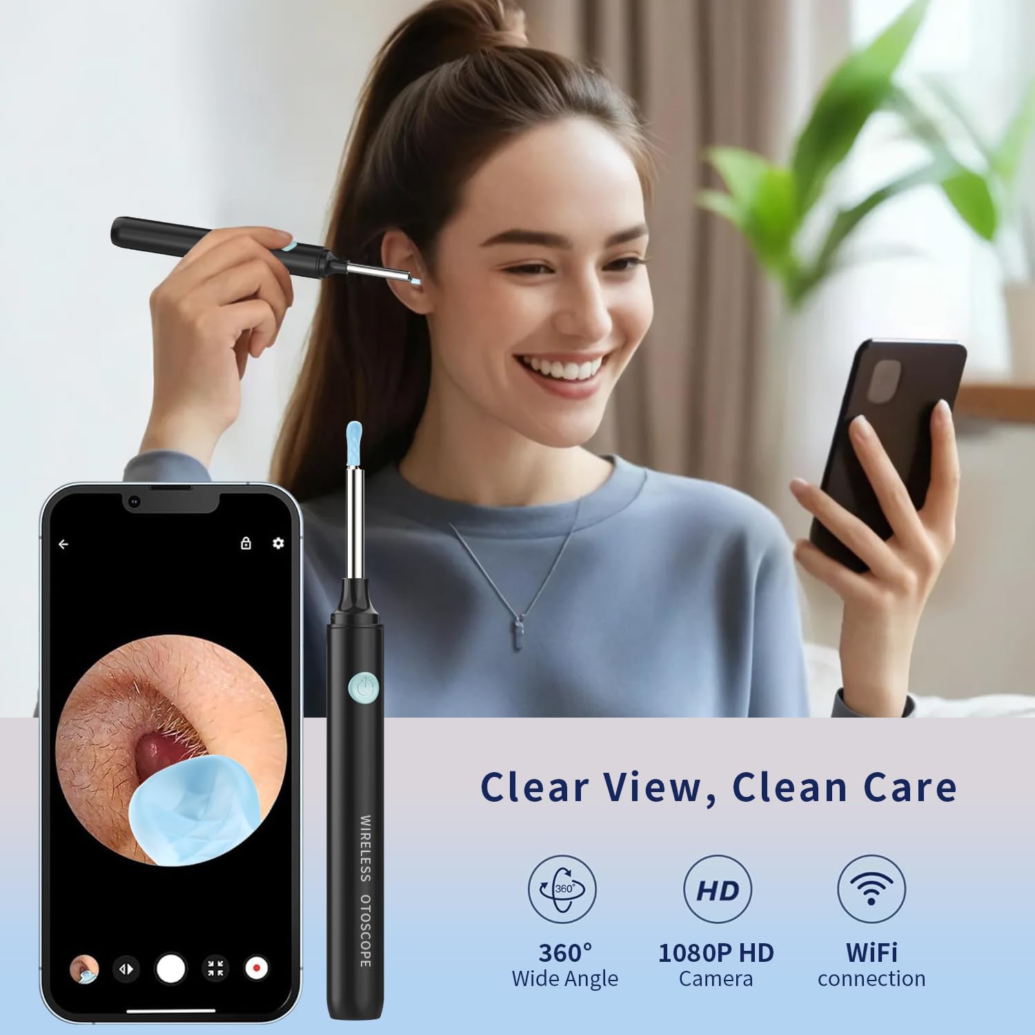 Ear Wax Removal Kit - Ear Cleaner with Camera, Camera with 6 Silicon Ear Spoon with 1080P, Ear Camera with LED Light, Ear Cleaning Kit for iPhone, iPad, Android -Black