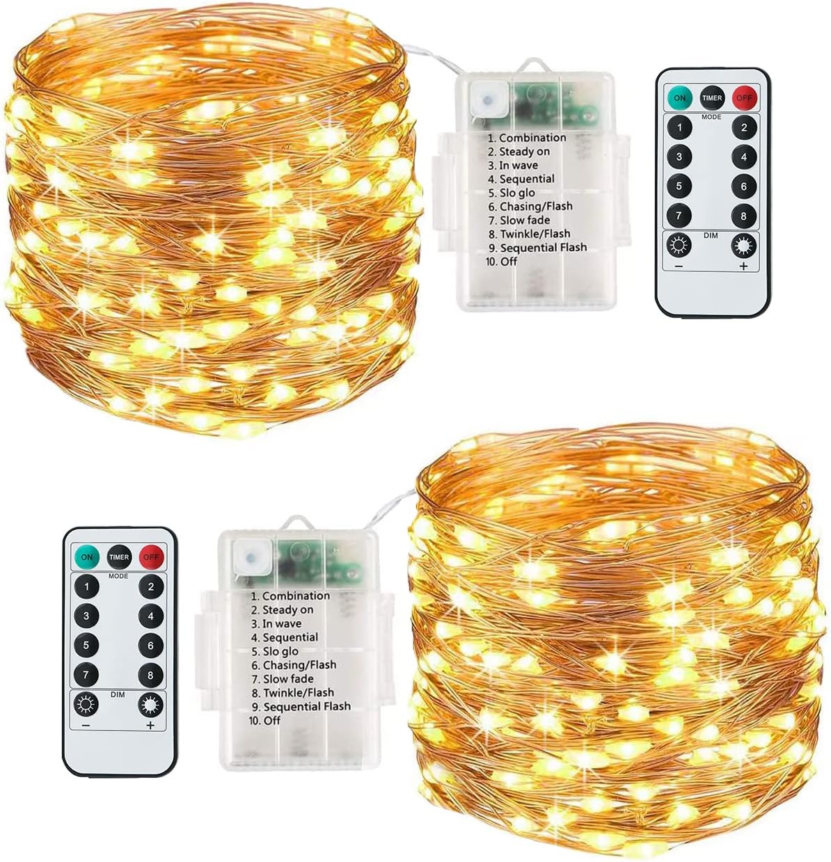 Lezonic 2-Pack Fairy String Lights, 120 LEDs, 13m, 8 Modes, Battery Operated with Remote and Timer, Warm White, Indoor/Outdoor for Bedroom, Party, Wedding, Christmas