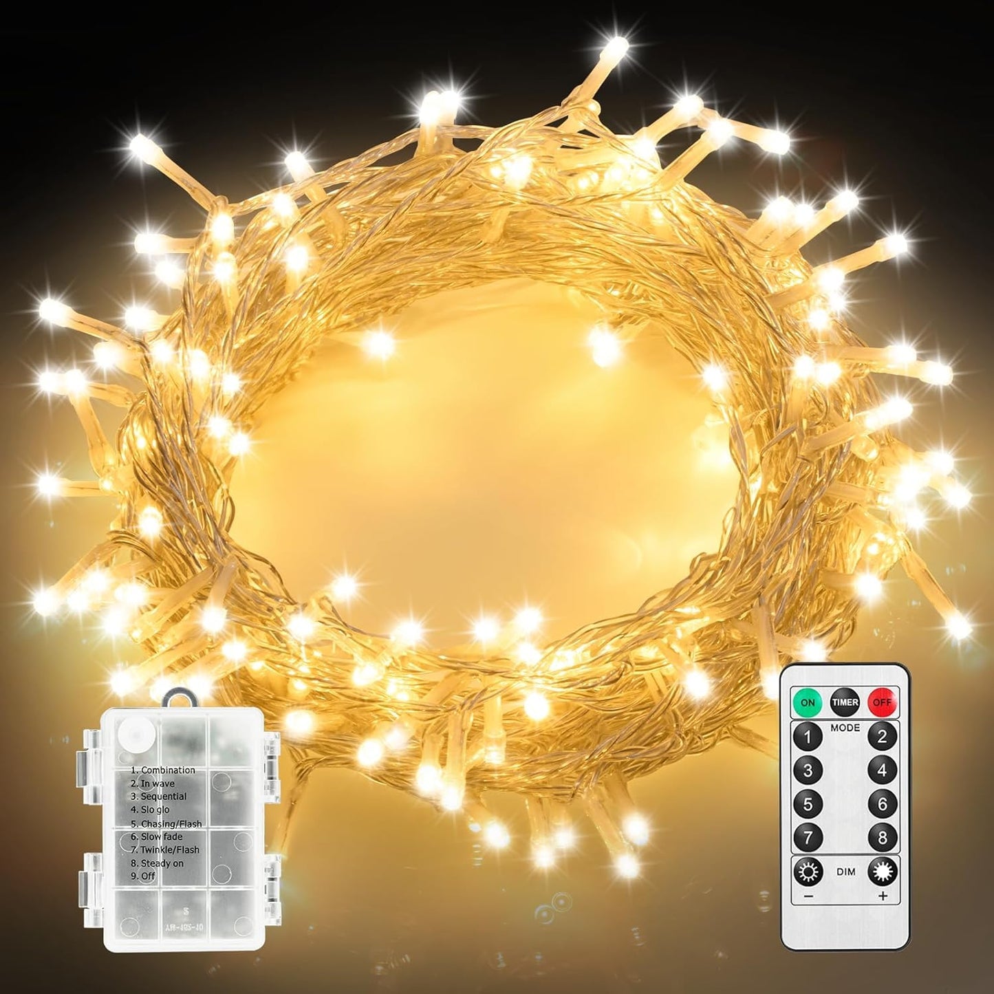 Twinkle Star 10m 100 LED Battery Fairy String Lights, Waterproof Indoor and Outdoor Lights with Timer, Remote, 8 Modes, Dimmable, Warm White