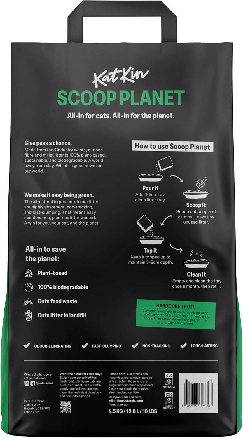 KatKin Scoop Planet Litter (1x4.5kg/12.8L bag): KatKin's upgraded Tofu litter, Plant-Based, 100% Biodegradable, Non-Tracking, Clumping Cat Litter Made With Non-Toxic, Eco-Friendly Pea fibre & Millet