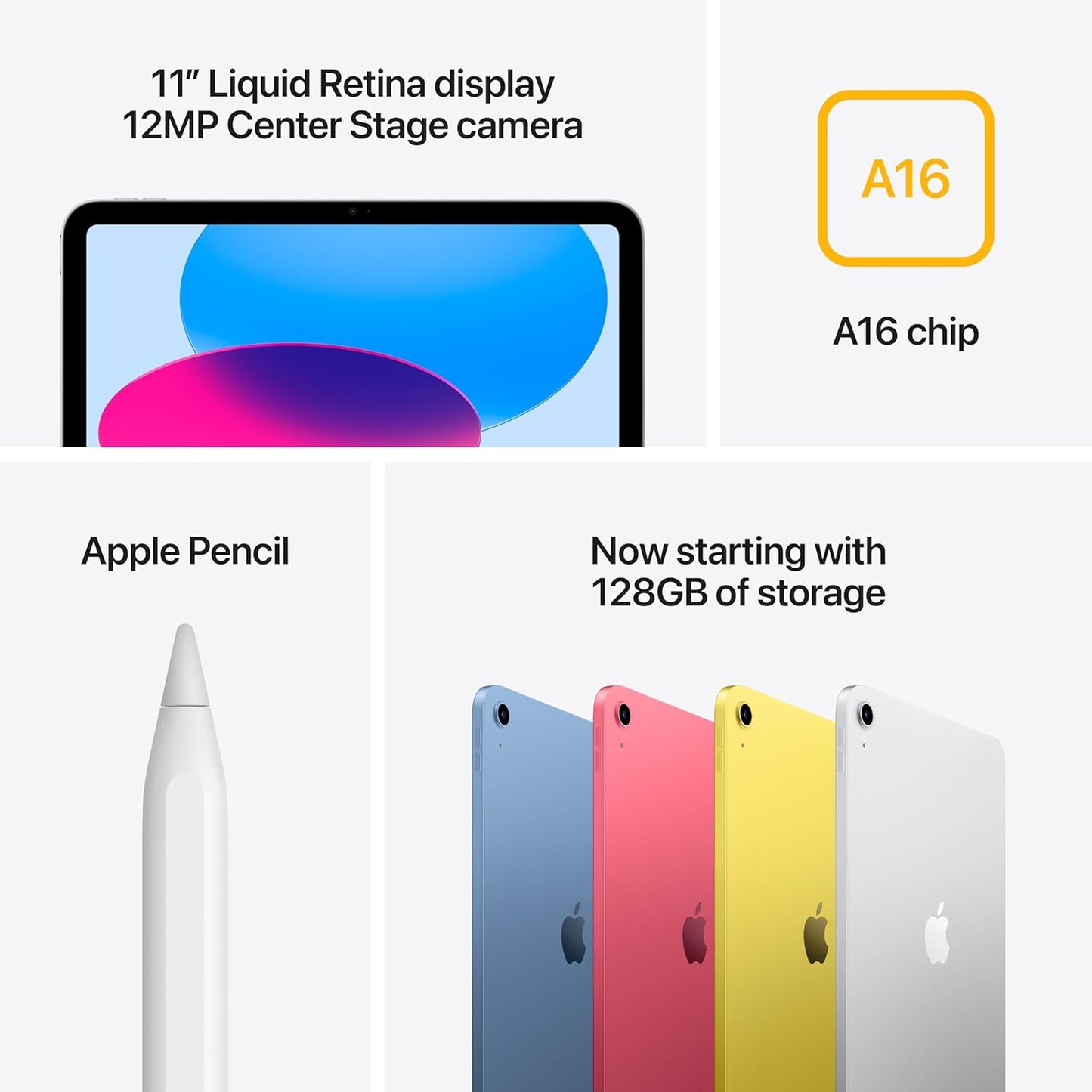 Apple iPad 11-inch: A16 chip, 11-inch Model, Liquid Retina Display, 128GB, Wi-Fi 6, 12MP Front / 12MP Back Camera, Touch ID, All-Day Battery Life — Silver