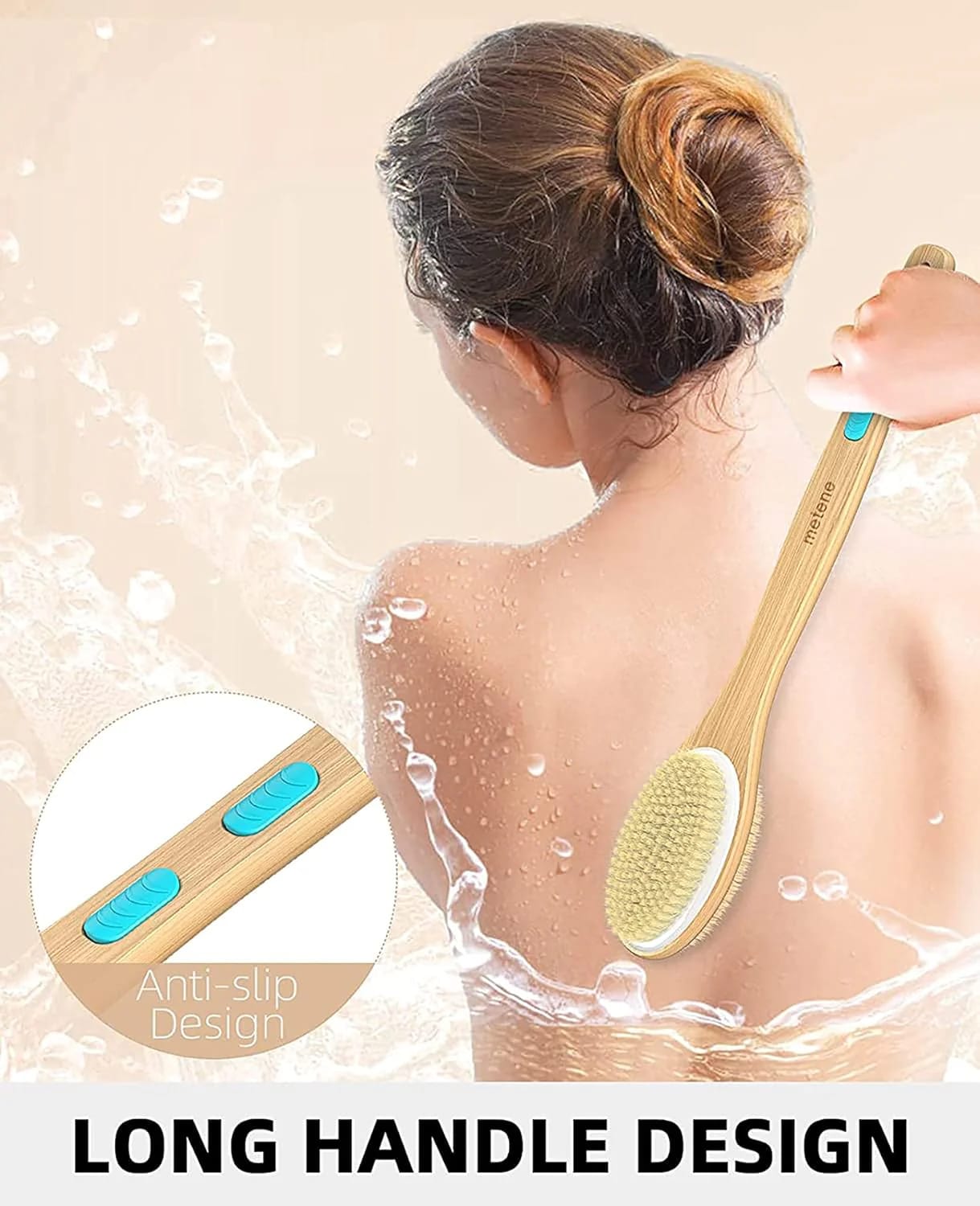 Metene Back Scrubber for Shower, Shower Brush for Exfoliating Skin and A Soft Scrub, Double-sided Body Brush Head for Wet or Dry Brushing, Long Wooden Handle Cleans the Body Easily