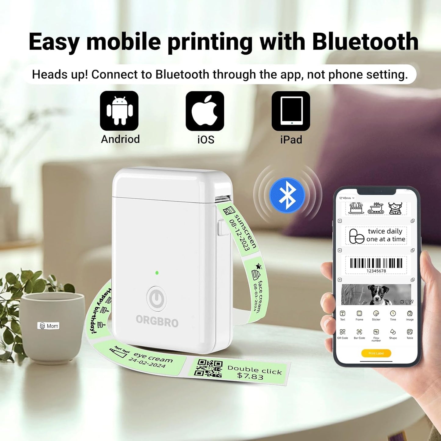 ORGBRO X1 Label Maker Machine with Tape Thermal Portable Bluetooth Label Printer for Smartphones Mini Handheld Sticker Maker with Multiple Templates for School Office Home Kitchen Organization, White