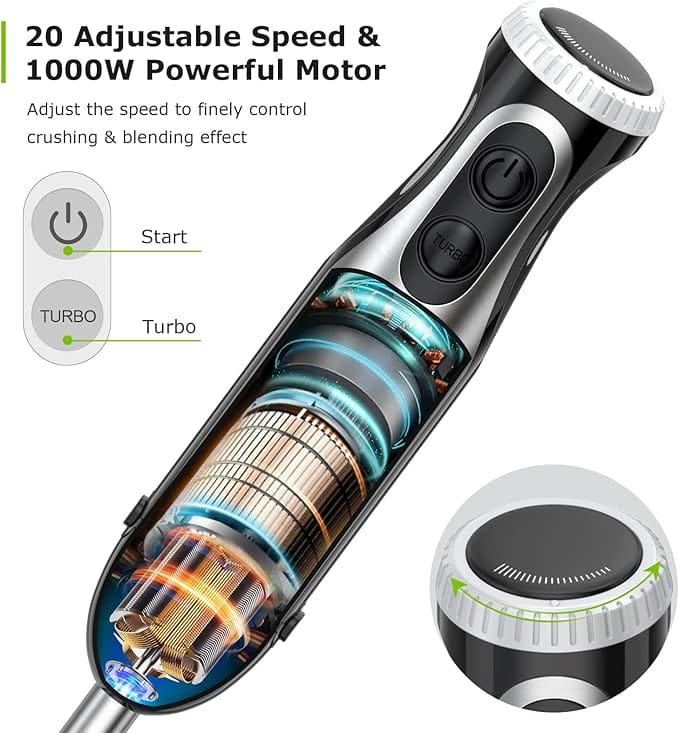 Bonsenkitchen Stainless Steel Hand Blender, 4-in-1 Stick Blender 1000W, 20 Speed Adjustable, with Whisk, 500ml Chopper and 700ml Measuring Cup, Food Processor (HB3203)