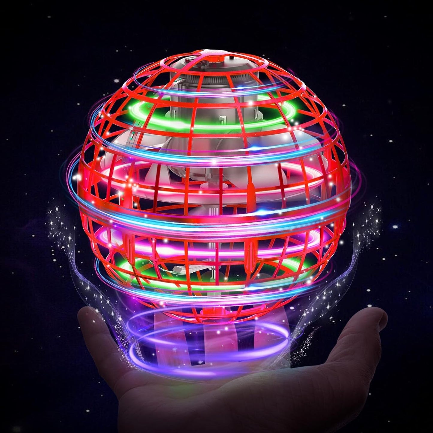XINHOME Flying Ball Hover Toy, Mini UFO Spinner with RGB Lights, Hand-Controlled, Red, for Kids Ages 8-12